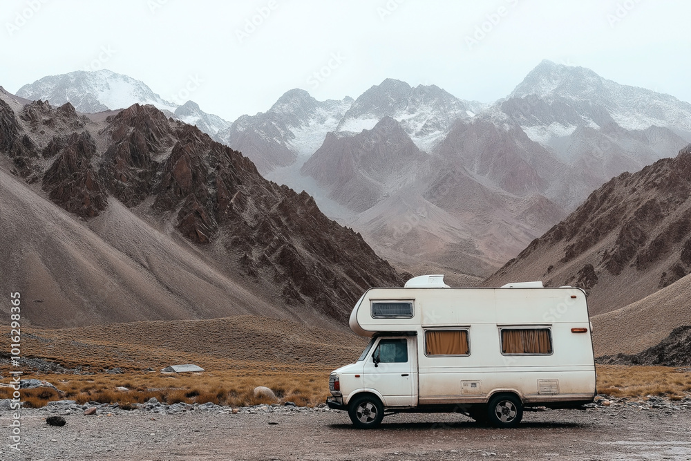 A motorhome parked in a remote mountainous landscape with rocky peaks and sparse vegetation, under a cloudy sky. The area appears desolate and rugged. A motorhome parked in a remote mountainous landscape with rocky peaks and sparse vegetation, under a cloudy sky. The area appears desolate and rugged.