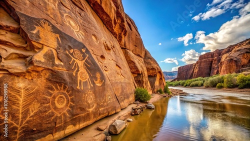 Medium shot of ancient petroglyph along Potash River in Moab Utah
