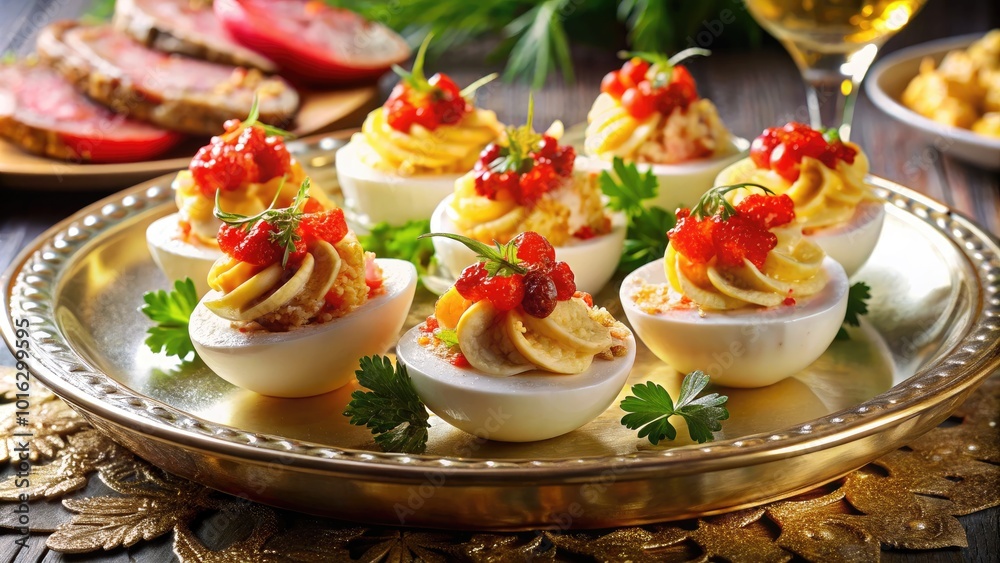 Elegant Deviled Eggs with Lobster and Caviar Topped with Gold Flakes - Luxurious Appetizer Photography