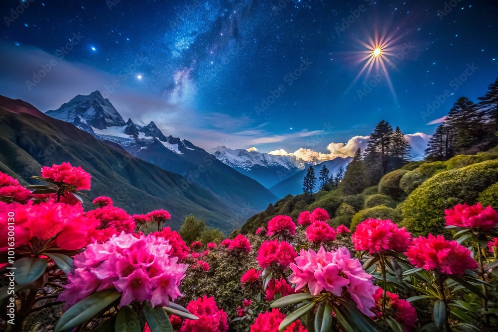 Discover the enchanting rhododendron flowers of Bhutan, brilliantly showcased under a starry sky. A mesmerizing floral spectacle awaits photography