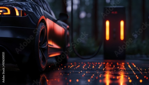 Close-up of an electric car charging station in a moody forest setting, highlighting sustainable energy and modern technology.