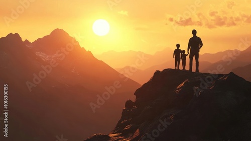 Silhouette of a father and son on a mountaintop at sunset 3d animation