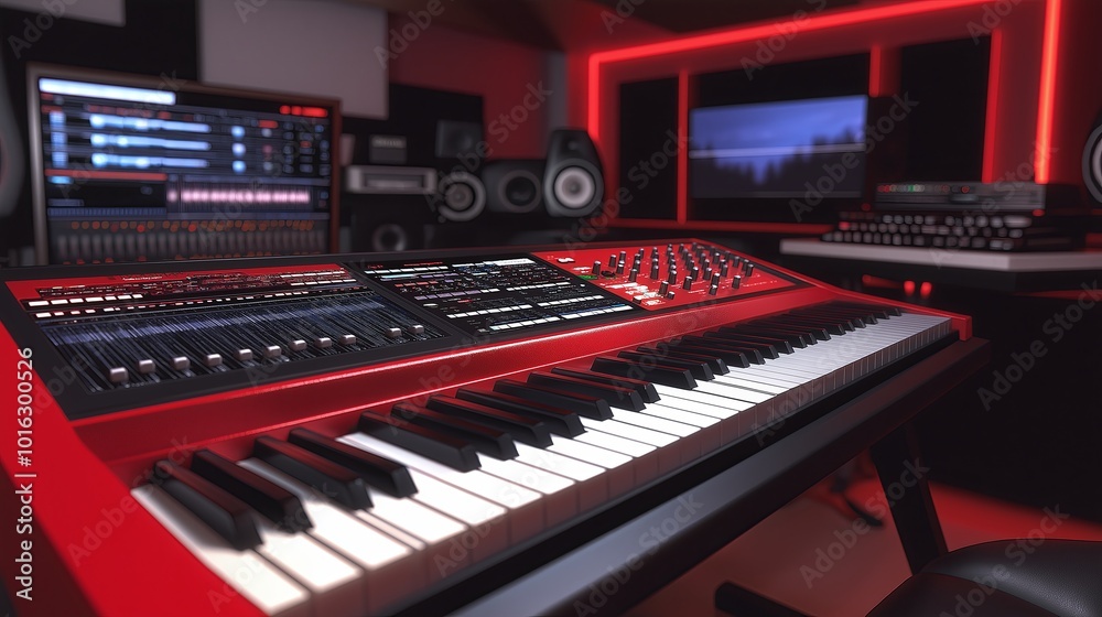 A sleek electric keyboard in a modern recording studio, surrounded by sound equipment A sleek electric keyboard in a modern recording studio, surrounded by sound equipment