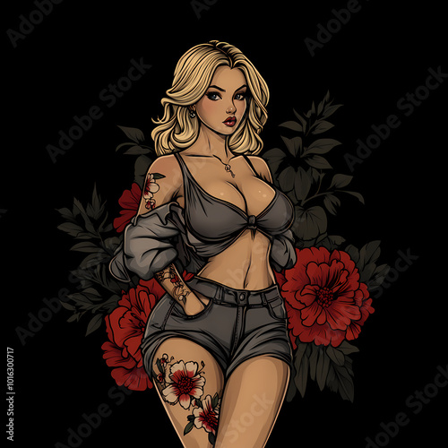 Anime Pin-Up Girl Tattoo Logo Vector Illustration