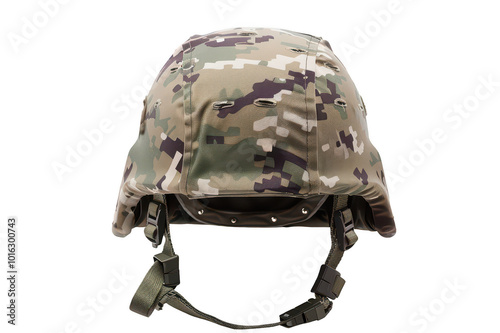 Military helmet with strap on transparent background