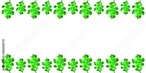 Low poly Frame template design. Low poly spring leaves border with green mosaic oak leaves and copy space. Vector Frame and blank background. 