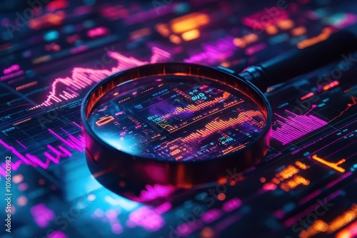 data analysis scene featuring a magnifying glass over vibrant charts and graphs illuminated by ultraviolet and neon lighting representing the digital age of analytics