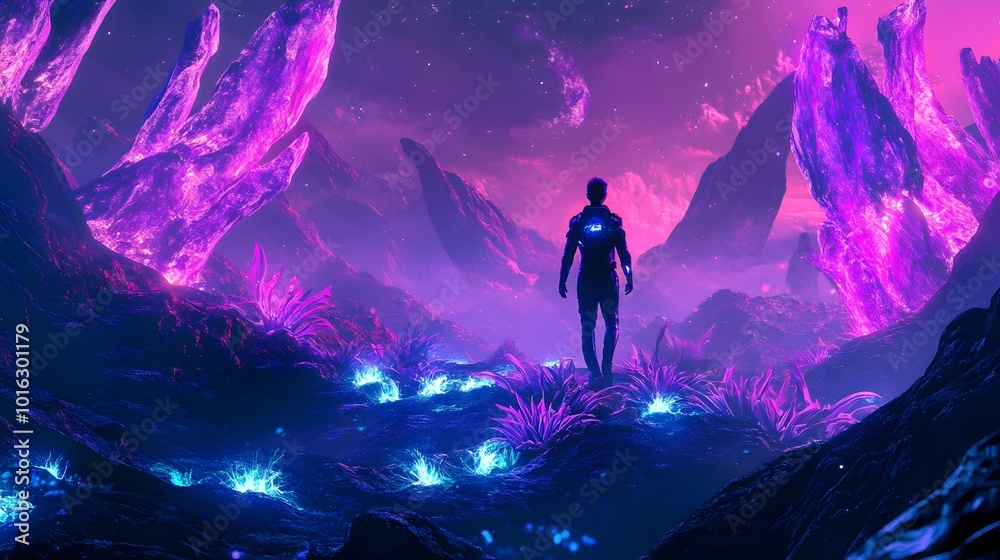 Fototapeta premium man in futuristic suit standing on glowing plants in the alien planet, digital art style, illustration painting. 