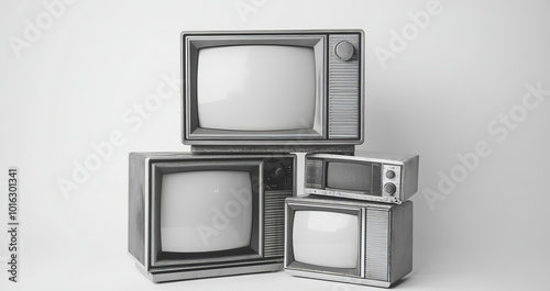 Black and white photograph of vintage televisions stacked of each other, 