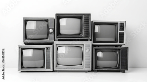 Black and white photograph of vintage televisions stacked of each other, 