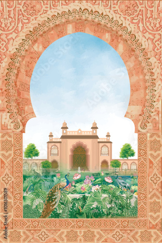 Adobe Illustrator ArtworkTraditional Mughal garden and seated queen frame illustration,Indian Mughal hand drawn floral garden with arch and peacock illustration for invitation