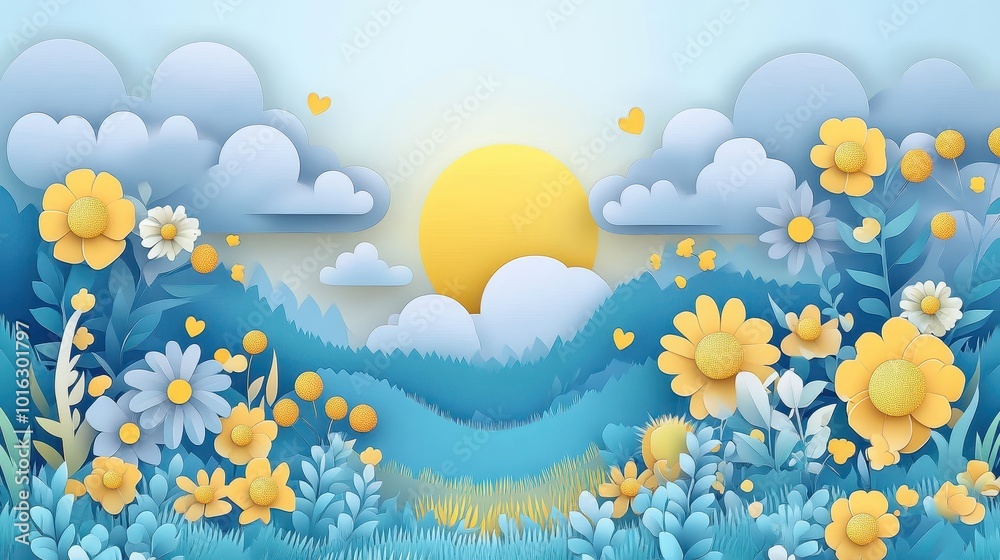 A serene landscape featuring flowers, hills, and a sun, created in a paper cut-out style. A serene landscape featuring flowers, hills, and a sun, created in a paper cut-out style.