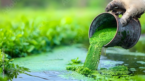 Harvesting freshwater algae from a pond for use in renewable biofuel production  This sustainable photo