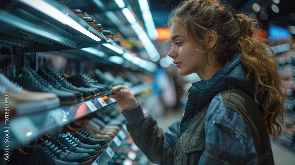 A friendly young Asian female customer trying on shoes in a well-organized shoe store A friendly young Asian female customer trying on shoes in a well-organized shoe store