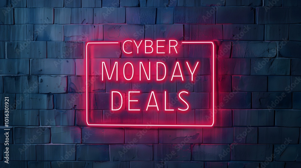 Obraz premium Red Neon 'CYBER MONDAY DEALS' Sign on a Brick Wall