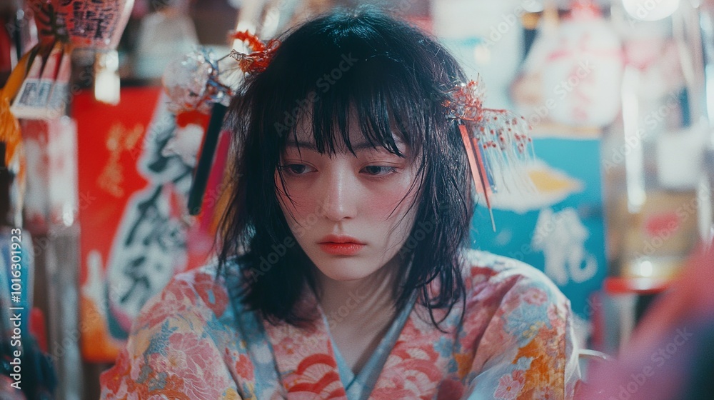 Japanese Woman in Kimono with Pensive Expression Japanese Woman in Kimono with Pensive Expression