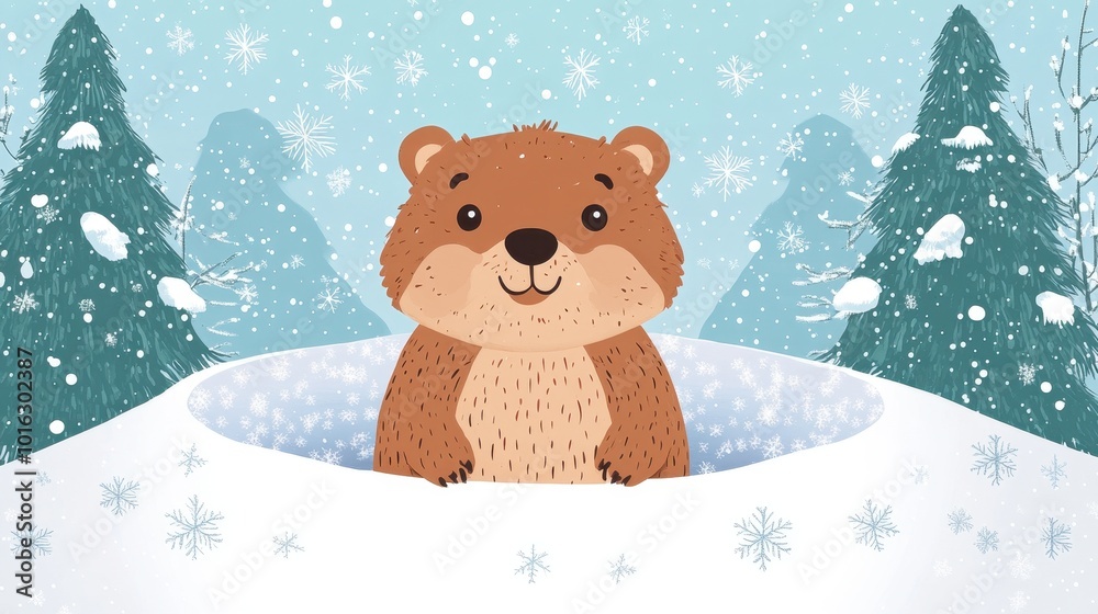 The groundhog happily greets winter while standing in a snow-filled burrow among trees The groundhog happily greets winter while standing in a snow-filled burrow among trees