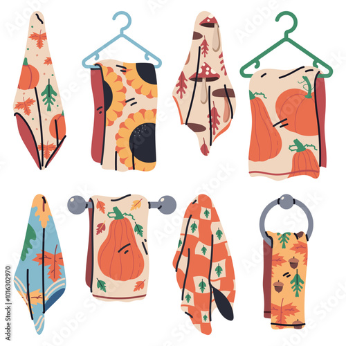 Fall kitchen towels vector cartoon set isolated on a white background.