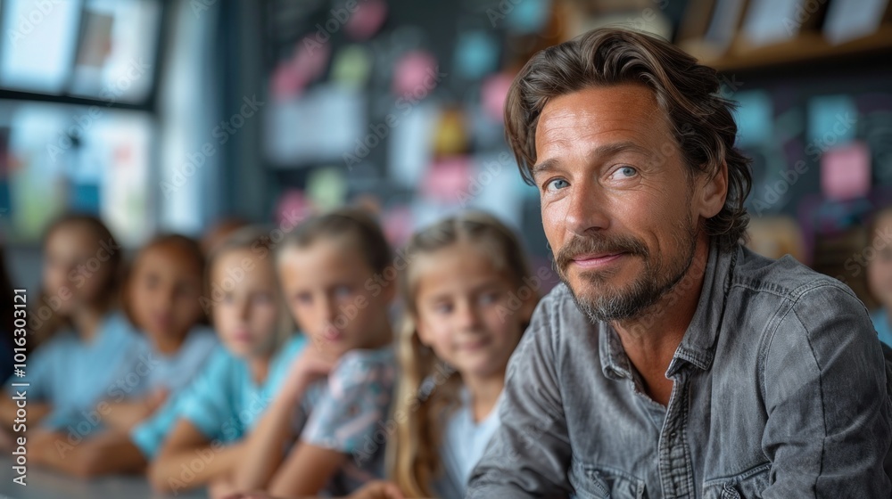 A German language teacher organizing a classroom activity, with students participating in a group discussion in German A German language teacher organizing a classroom activity, with students participating in a group discussion in German