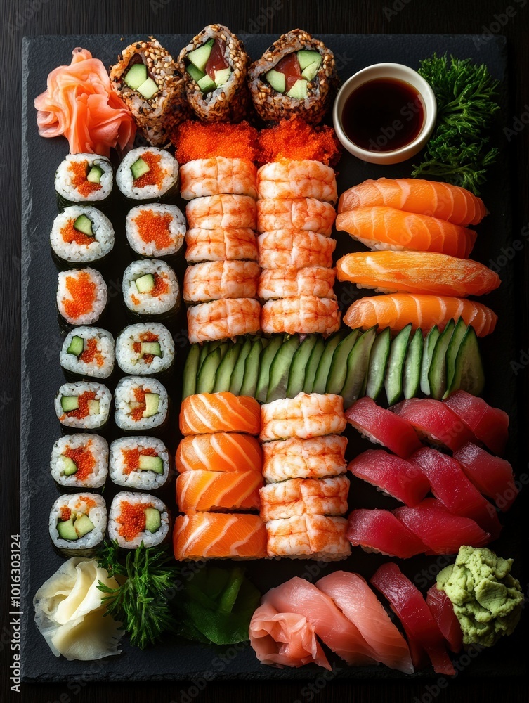 A variety of sushi rolls and sashimi displayed on a black slate plate. the rolls with salmon, tuna avocado, and cucumber. top view, dark background. sushi and sashimi set