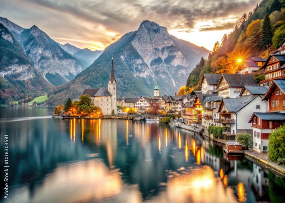 Evening Landscape Of Hallstatt Village With Hallst tter Lake In The evening-landscape-of-hallstatt-village-with-hallst-tter-lake-in-the
