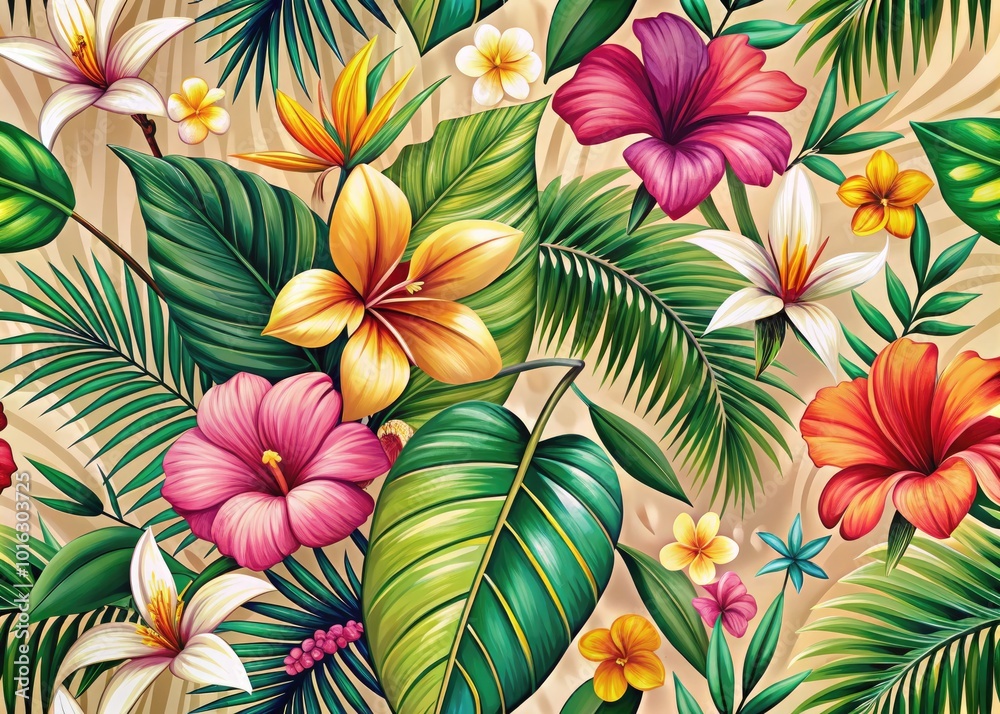 Exotic Flowers and Palm Leaves Seamless Pattern for Tropical Decor Exotic Flowers and Palm Leaves Seamless Pattern for Tropical Decor