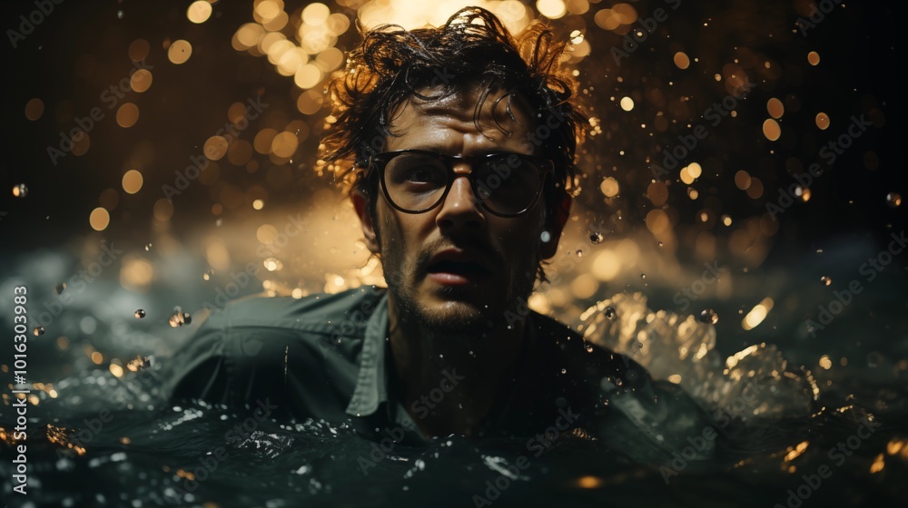 Man with glasses submerged in shimmering water Man with glasses submerged in shimmering water