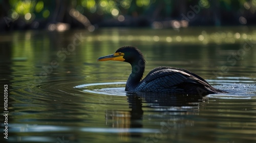 A black cormorant with a yellow beak swims in a still lake with a blurry green background.