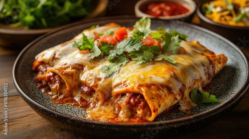 Wallpaper Mural Plate of chicken enchiladas topped with melted cheese and red salsa, creating a mouthwatering Mexican dish. Torontodigital.ca