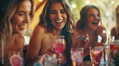 A group of girlfriends at a bachelorette party, playing fun games and enjoying each other's company