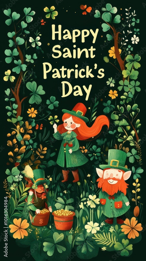 Naklejka premium A girl in green greets cheerful leprechauns in a vibrant display of clovers and flowers