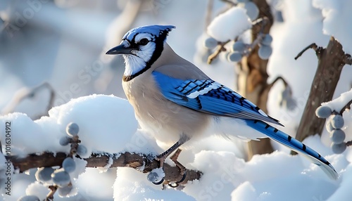 beutiful blue jy perched on  snow-covered brnch its vibrnt blue fethers stnding out ginst the white snow