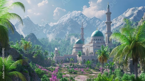 Village View and Muslim mosque in the mountain. Beautiful Islamic mosque landscape 3d animation