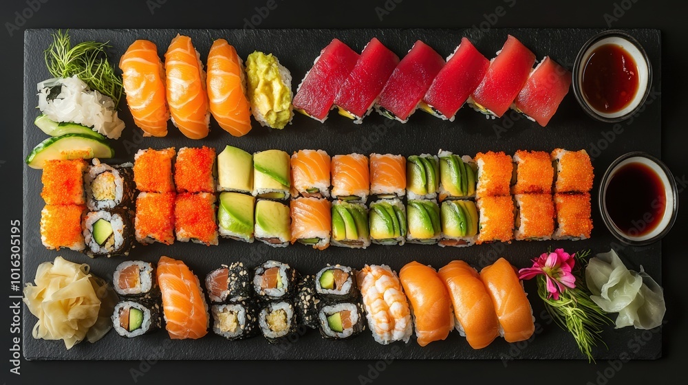 A variety of sushi rolls and sashimi displayed on a black slate plate. the rolls with salmon, tuna avocado, and cucumber. top view, dark background. sushi and sashimi set A variety of sushi rolls and sashimi displayed on a black slate plate. the rolls with salmon, tuna avocado, and cucumber. top view, dark background. sushi and sashimi set