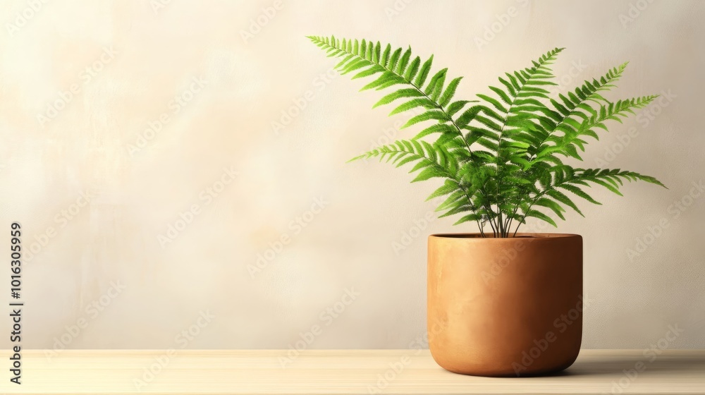 Fototapeta premium Green Fern in Brown Pot on Wooden Table Against Cream Wall