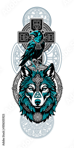 Celtic Raven and Wolf - vector illustration with intricate Celtic and Norse knotwork, sacred geometry. Incorporating sacred Viking symbols like the Valknut, Scandinavian mythology and spiritual themes