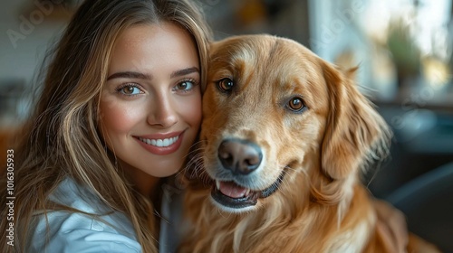 Woman and Golden Retriever Dog Portrait