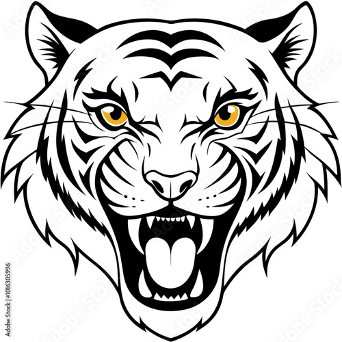 Fierce Roaring Tiger with Sharp Teeth & Glowing Eyes in Bold Line Art Vector