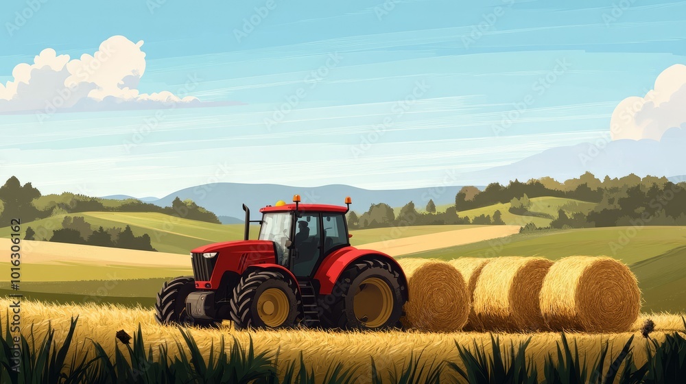 Obraz premium Red tractor with hay bales in tow, against a scenic countryside landscape.