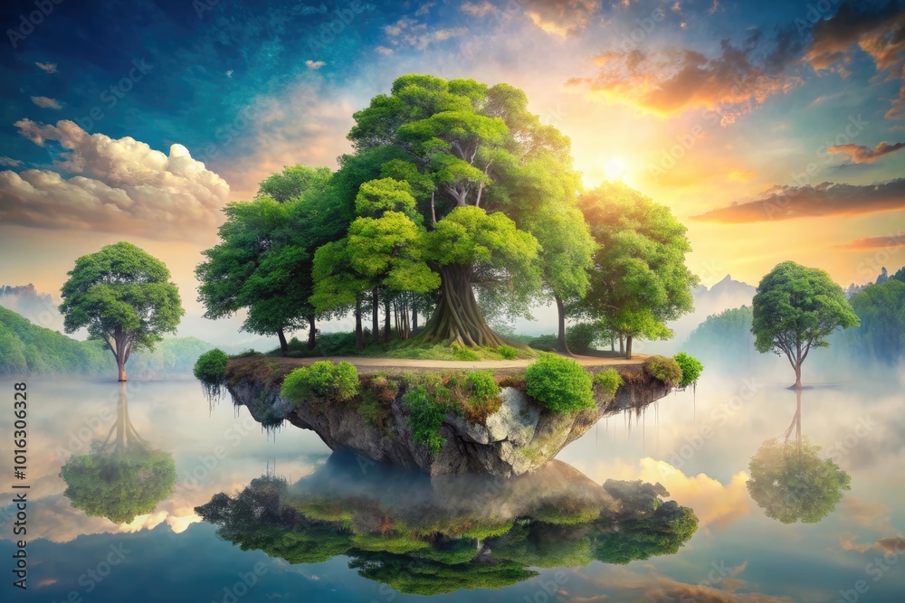 Obraz premium Floating Island with Lush Trees on White Background - Urban Exploration Photography