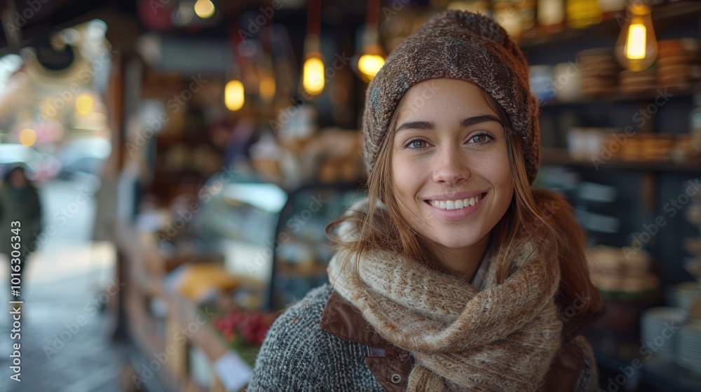A cheerful woman in a cozy scarf smiling warmly outside a bustling market on a crisp autumn day. Generative AI A cheerful woman in a cozy scarf smiling warmly outside a bustling market on a crisp autumn day. Generative AI