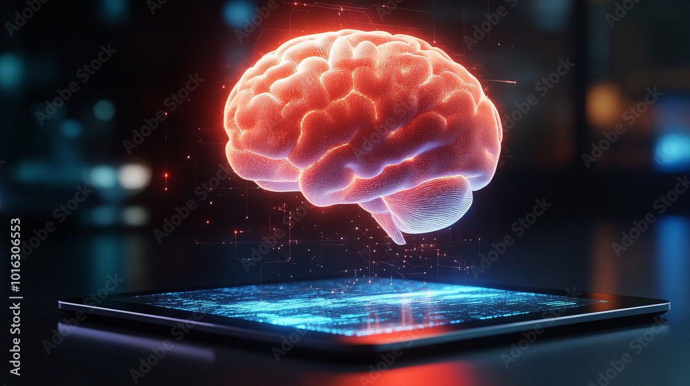 Obraz premium digital brain floating over a tablet, an artificial intelligence concept, a technology background,