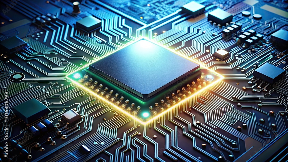 High angle view of brightly lit integrated circuit board for background High angle view of brightly lit integrated circuit board for background