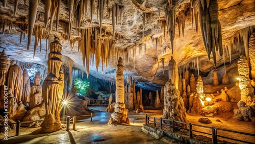 Medium shot of stalactites and stalagmites inside cave