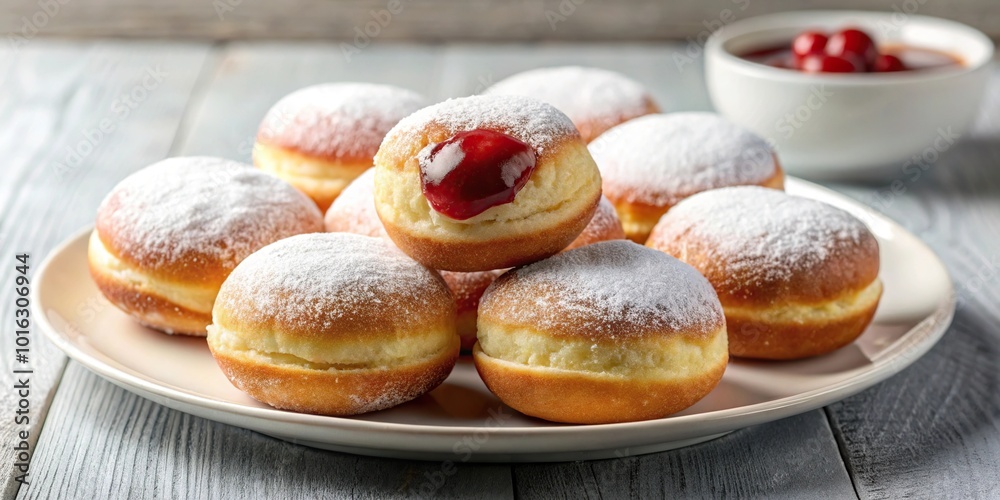 High angle view of Bomboloni donuts with jam filling and icing sugar on white plate High angle view of Bomboloni donuts with jam filling and icing sugar on white plate