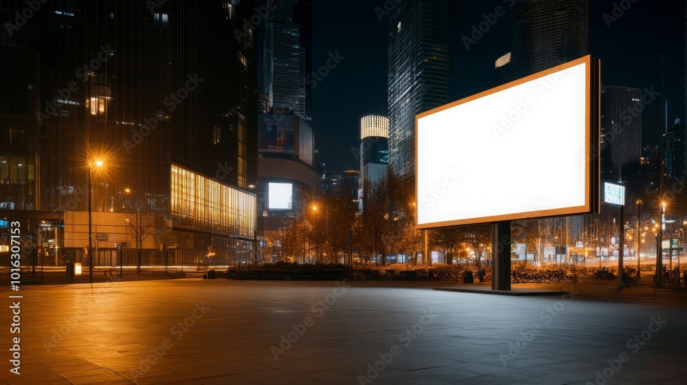 Blank Billboard in Modern City Nighttime Blank Billboard in Modern City Nighttime