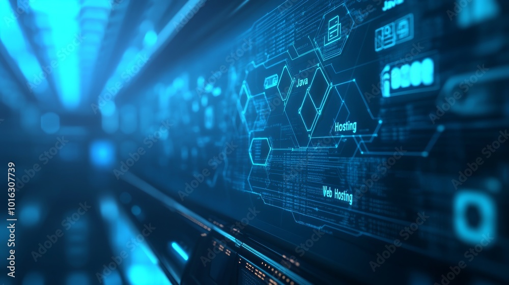 Abstract futuristic blue digital interface with hexagonal shapes and data graphics. Abstract futuristic blue digital interface with hexagonal shapes and data graphics.