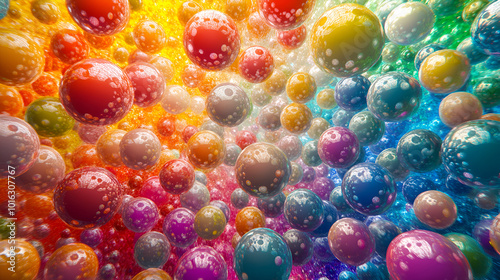 Abstract gradient background with neon colors balls,Various glass marbles, Abstract crystalline balls of hydrogel for the background,Illustration for brochure, cover, poster, presentation or banner
