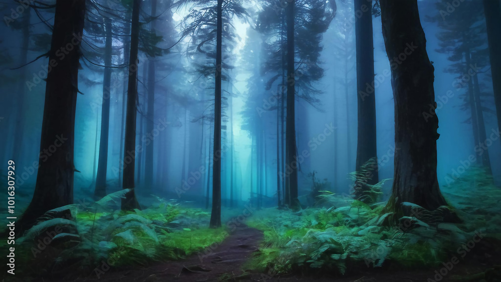 Naklejka premium Magical misty forest with sunlight filtering through trees ideal for fantasy and nature themes