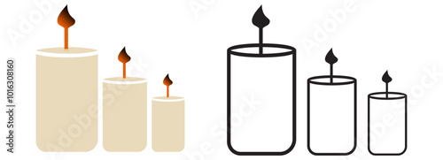 Set of pillar candles with flames illuminated, cut out
